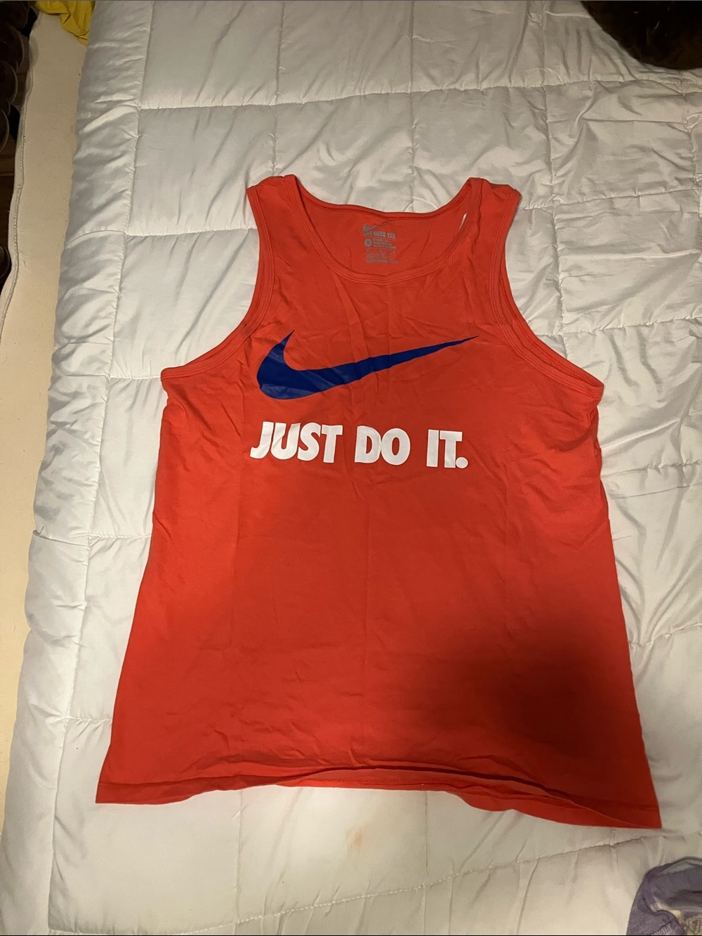 Nike Red Tank with Blue Swoosh and White Text